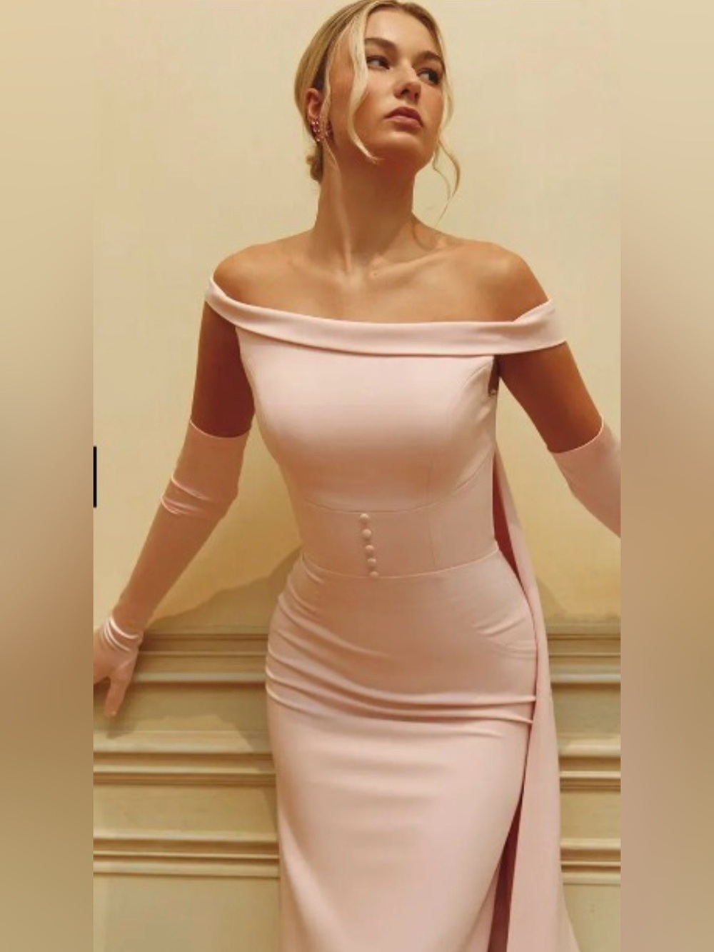 Monte Durham For Elissar Bridal, Off-Shoulder Ice Pink Gown with Watteau Cape